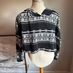 Love Culture Cropped Hoodie‎ Black White Pattern Pullover Sweatshirt Medium
